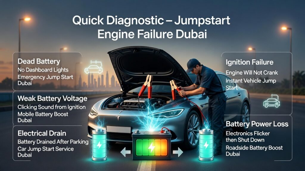 Quick Diagnostic β Jumpstart Engine Failure Dubai Guide Quick diagnostic jumpstart engine failure Dubai infographic showing technician jump starting a car battery with signs like dead battery, ignition failure, and roadside battery boost solutions.