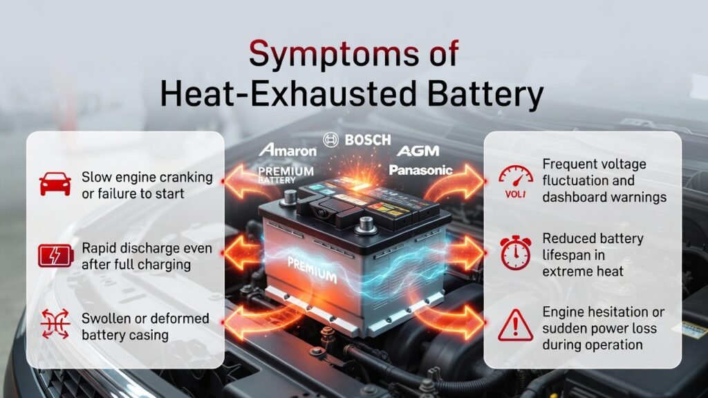Infographic showing symptoms of heat-exhausted car battery including slow engine crank, rapid discharge, swollen casing, voltage fluctuations, reduced lifespan, and engine hesitation.