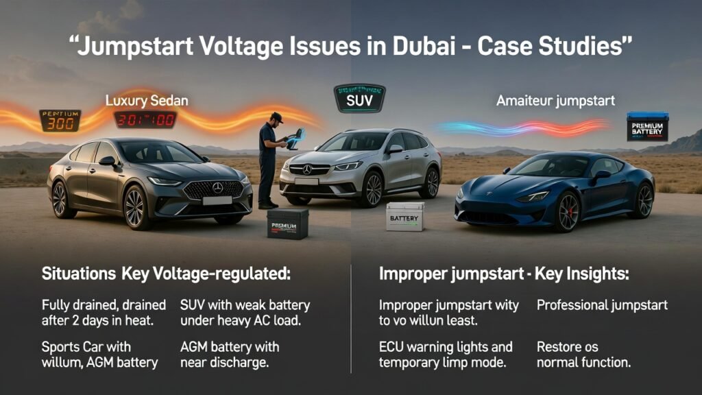 Case studies of jumpstart voltage issues in Dubai with luxury sedan, SUV, and sports car, showing professional and amateur jumpstart effects, battery brands, and voltage stability indicators.