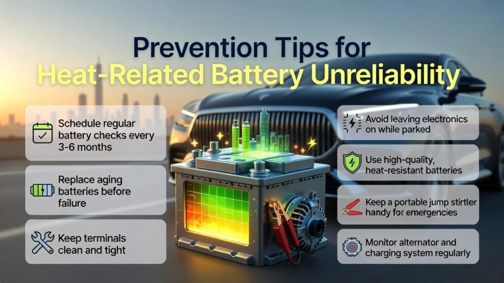 "Prevention Tips for Heat-Related Battery Unreliability" "Animated infographic showing prevention tips for heat-related car battery unreliability in Dubai, featuring a central healthy battery, luxury branded car, and key preventive measures displayed as bullet points on the sides."