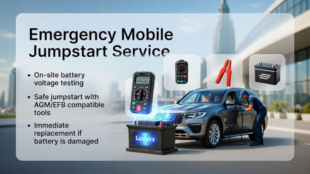 “Emergency Mobile Jumpstart Service” “Infographic showing emergency mobile jumpstart service for luxury cars in Dubai with central 3D battery, luxury SUV, side bullet points, and animated icons for testing, safe jumpstart, and battery replacement.”