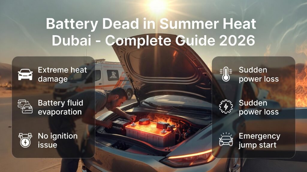 Battery dead in summer heat Dubai showing overheated car battery with technician inspection and infographic points.