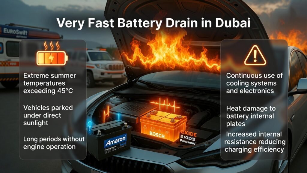 Very fast car battery drain in Dubai showing heat exposure, electrical load, and battery stress with premium battery and roadside support.