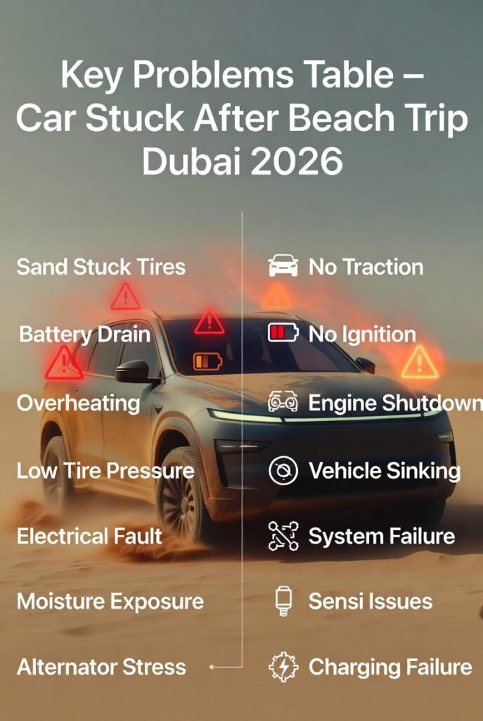 Table showing key problems and impacts of car stuck after beach trip in Dubai including battery drain, overheating, and sand issues
