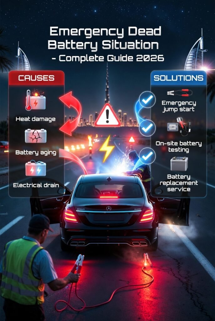 Emergency dead car battery situation in Dubai showing stranded vehicle at night with technician providing jump start service.