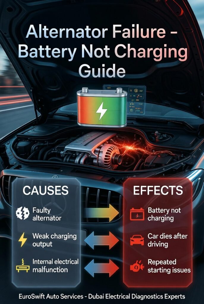 Car alternator failure showing weak charging system causing battery not to recharge during driving.
