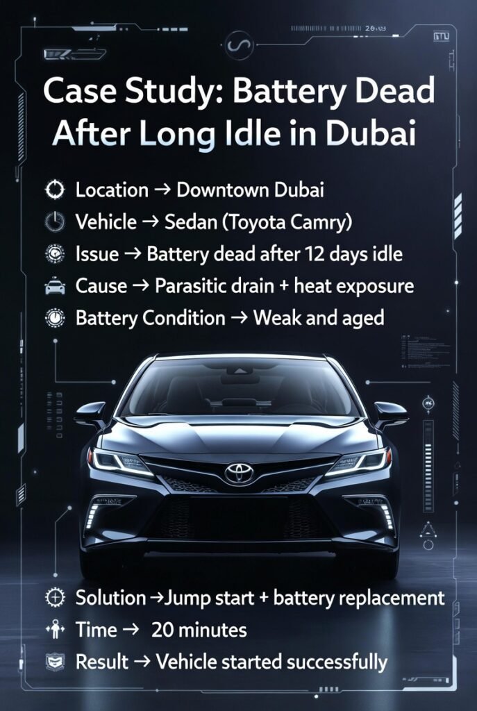 A high-end infographic showing a luxury sedan in the center with case study details on both sides explaining a battery dead scenario after long idle in Dubai.