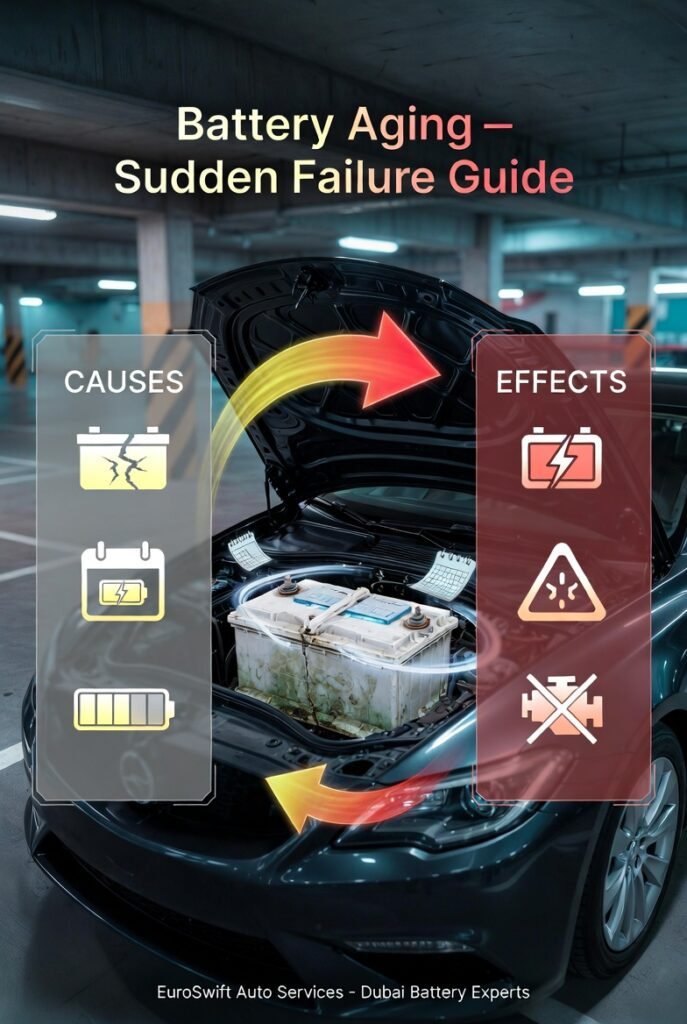 Aging car battery in vehicle showing corrosion and reduced capacity leading to sudden failure without warning.