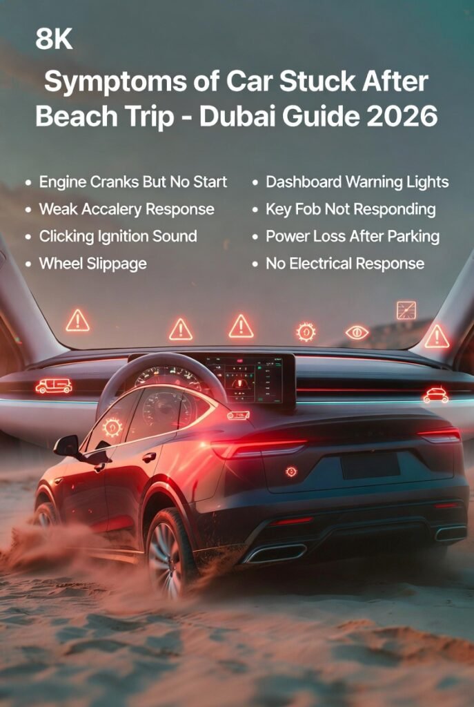 Car showing symptoms like engine cranking but not starting, weak response, and warning lights after beach trip in Dubai
