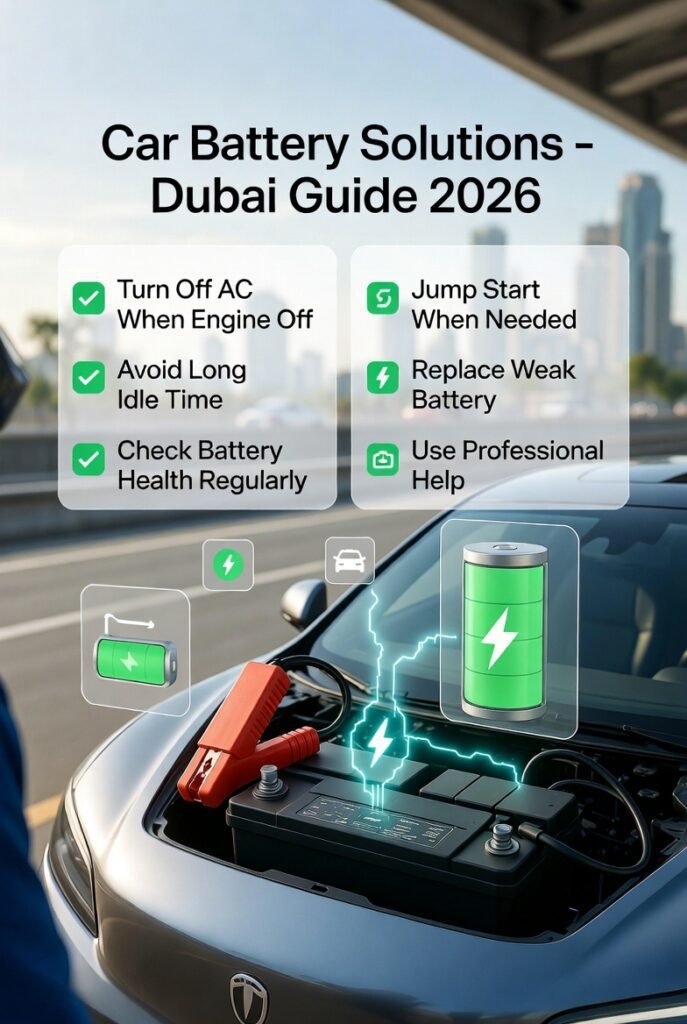 Car battery solutions in Dubai including jump start, battery check, and professional replacement service