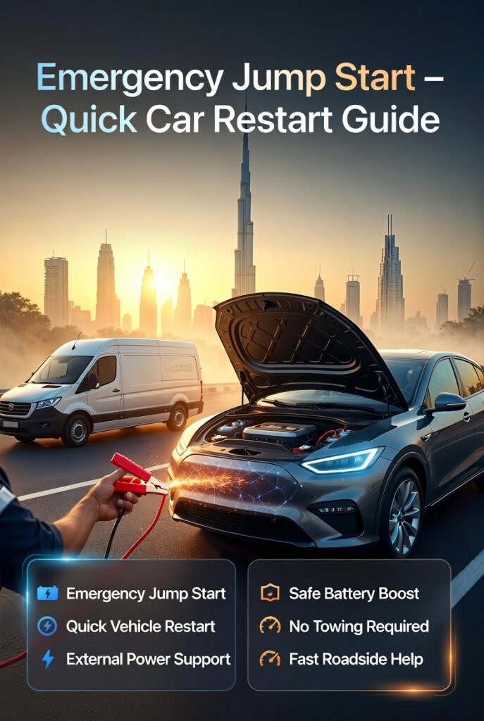 Roadside technician performing emergency jump start on a car battery in Dubai while infographic highlights quick restart and external power support.