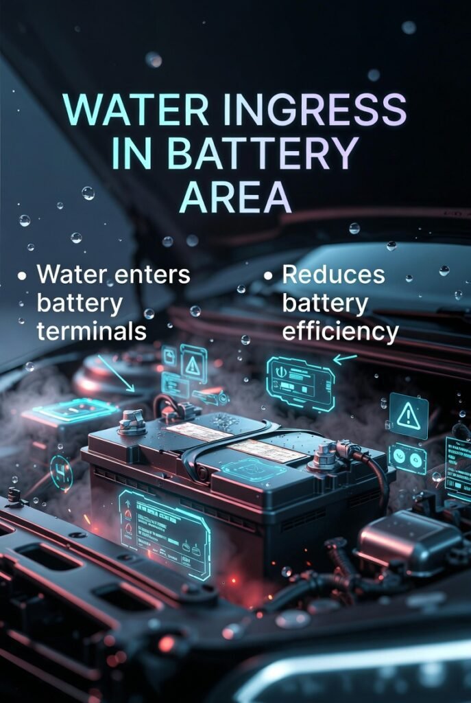 Water ingress in battery area infographic showing water entering terminals causing short circuits and reducing battery efficiency