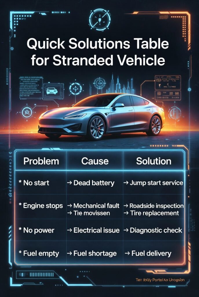 Quick Solutions Table for Stranded Vehicle – Complete Guide (2026) User guide image showing a quick solutions table for a stranded vehicle with problems, causes, and solutions displayed in a clean infographic format.