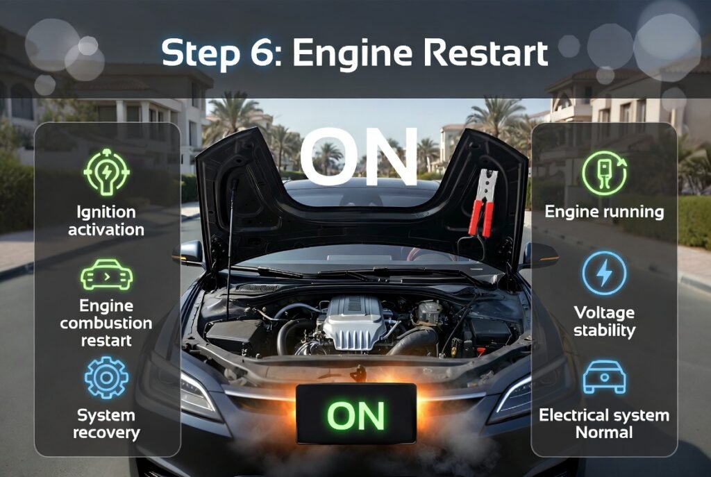 Technician confirming successful engine restart after roadside jump start service with vehicle running smoothly.