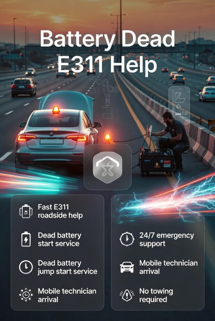 battery dead E311 help showing emergency roadside jump start service on Dubai E311 highway with technician assisting car battery failure