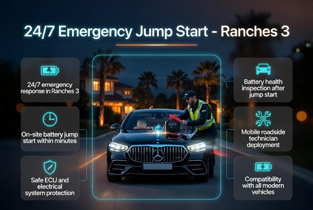 Professional roadside assistance infographic showing 24/7 emergency jump start service in Ranches 3 with technician, car battery support, and service features listed on both sides.