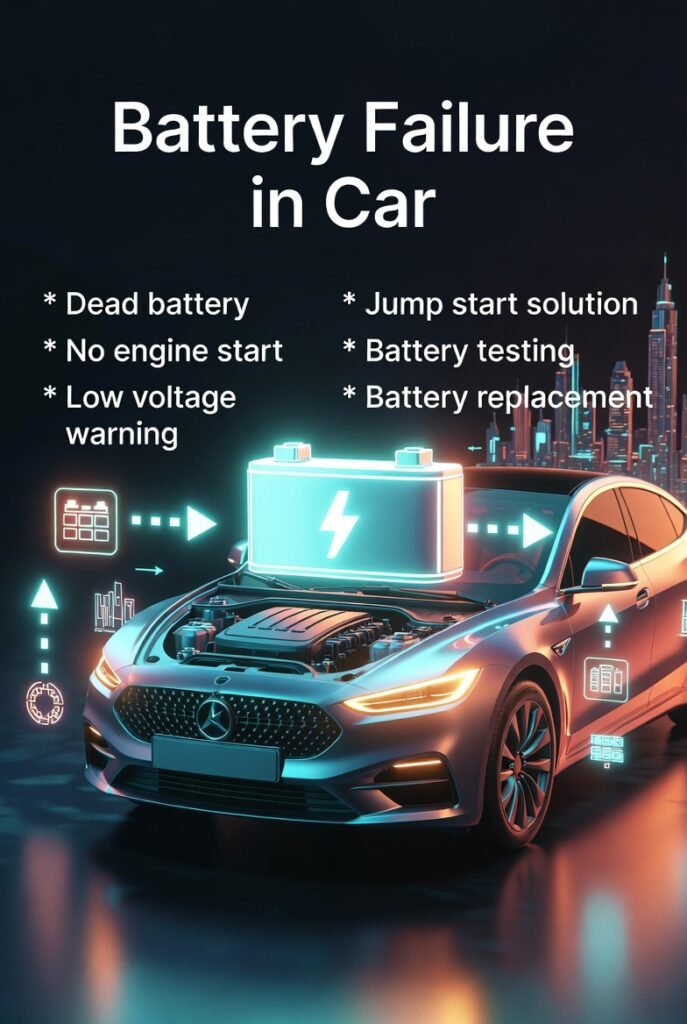 Battery Failure in Car – Complete User Guide (2026) User guide image showing battery failure in a car with a central car image and key symptoms and solutions displayed on both sides in an infographic layout.