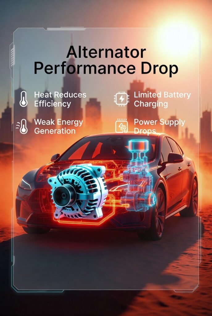 Car alternator performance reduced due to extreme heat causing limited battery recharge