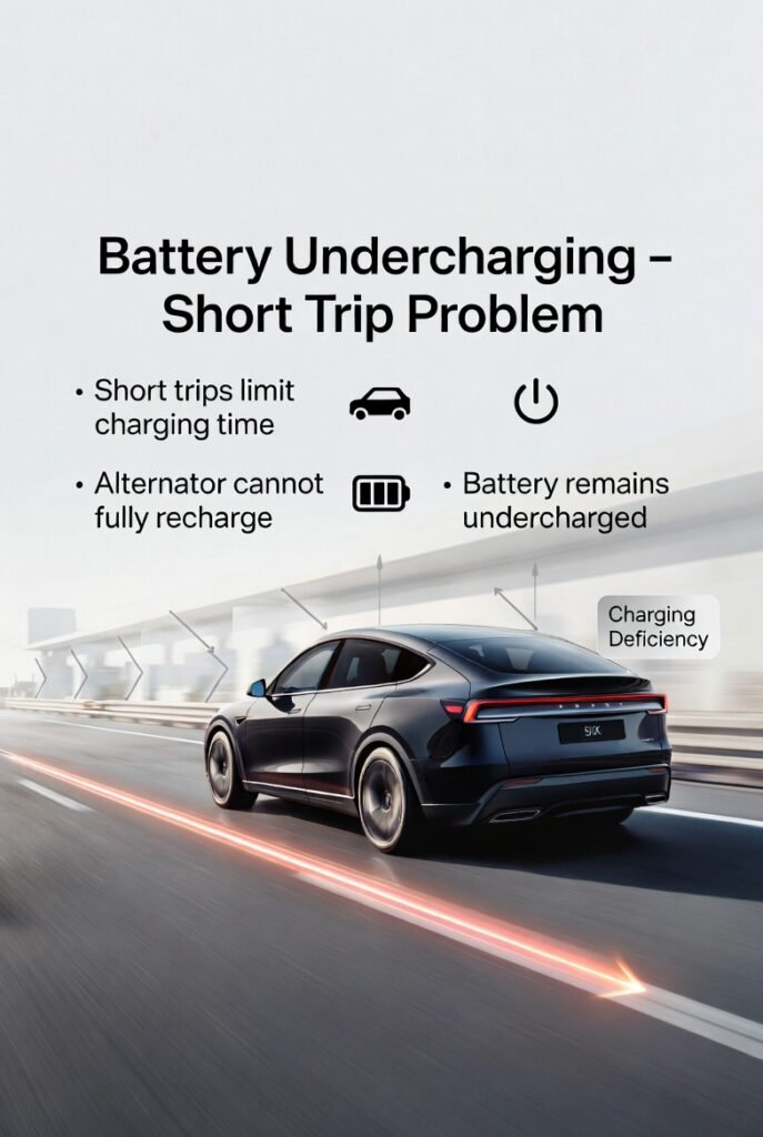 Car battery undercharging due to short trips with infographic explanation