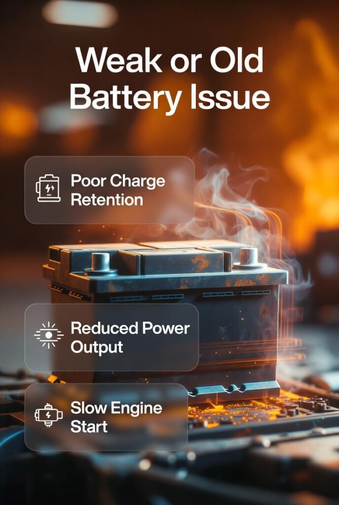 Old and weak car battery with reduced energy flow, showing title “Weak or Old Battery Issue” and side points explaining poor charge retention and reduced power.