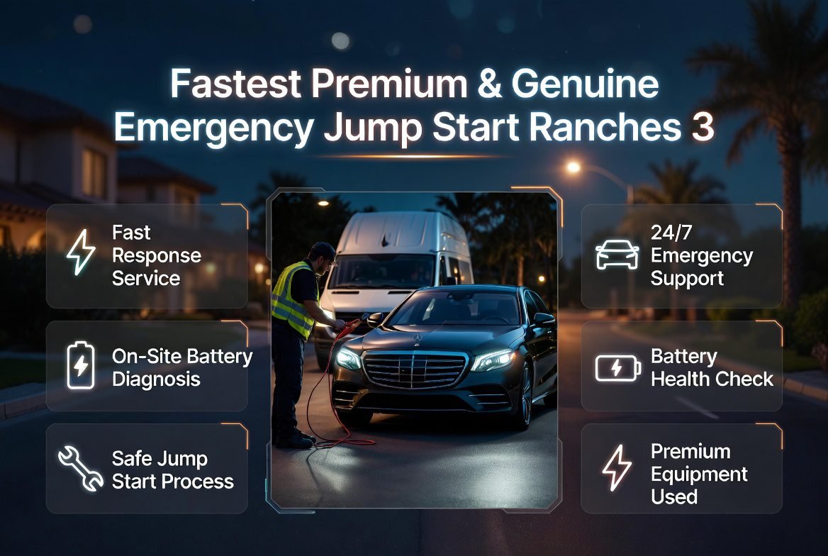 Premium emergency jump start service in Ranches 3 showing technician performing safe car battery boost with highlighted service features and modern infographic design.