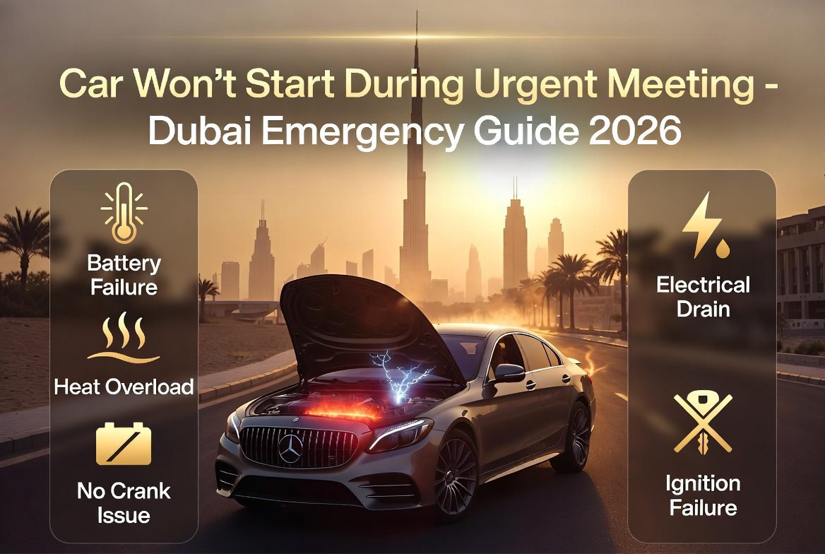 Car not starting during urgent meeting in Dubai showing emergency battery failure and heat related breakdown
