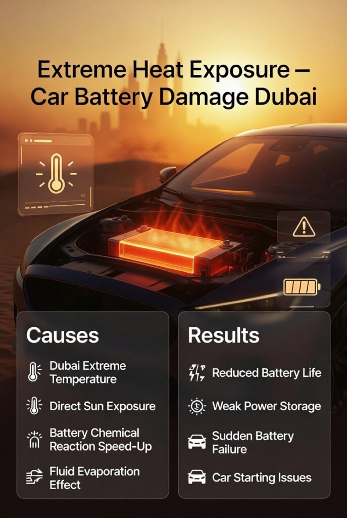 Car battery overheating and degrading due to extreme Dubai heat exposure causing reduced battery life.