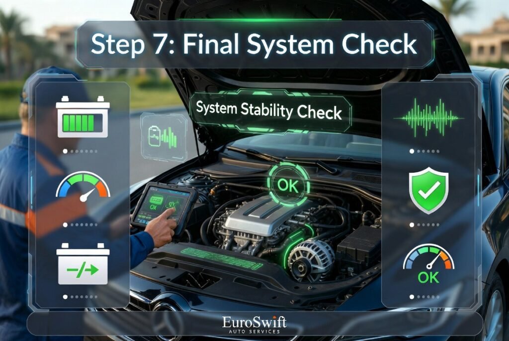 Technician performing final diagnostic check on car battery and charging system using a digital scanner after jump start service.