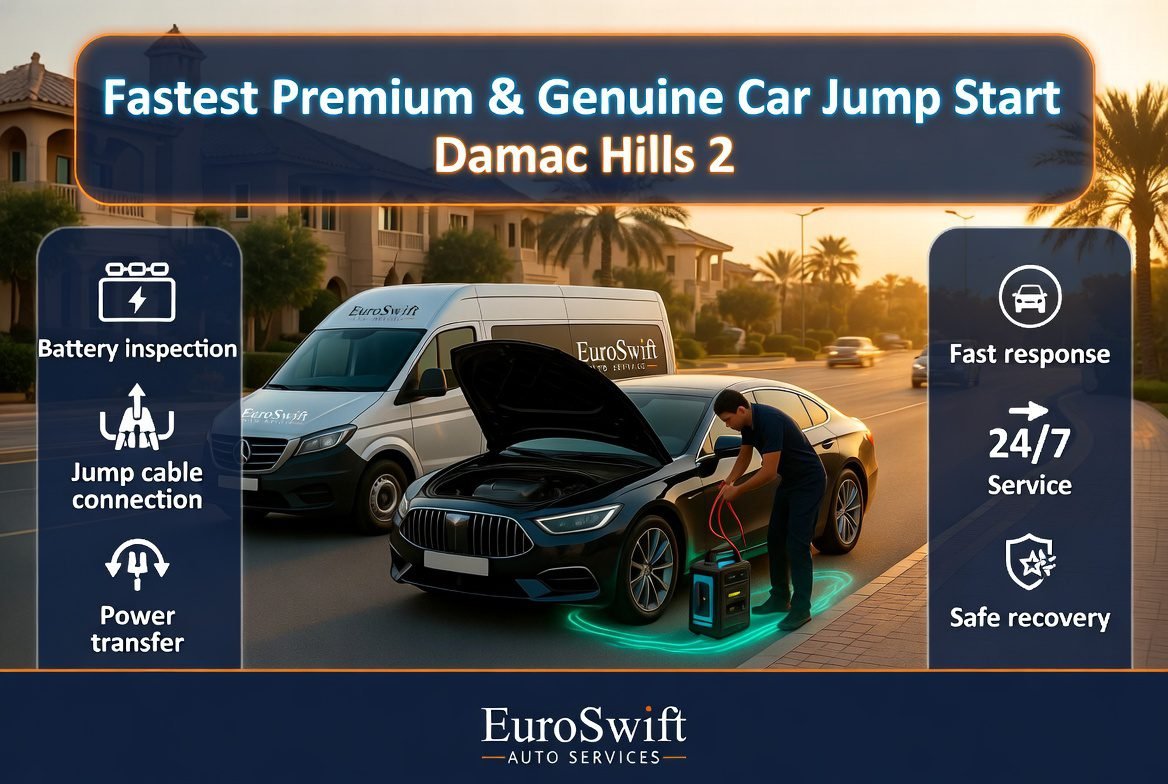 Emergency car jump start service in Damac Hills 2 showing technician connecting battery cables from a mobile service van to a luxury vehicle.