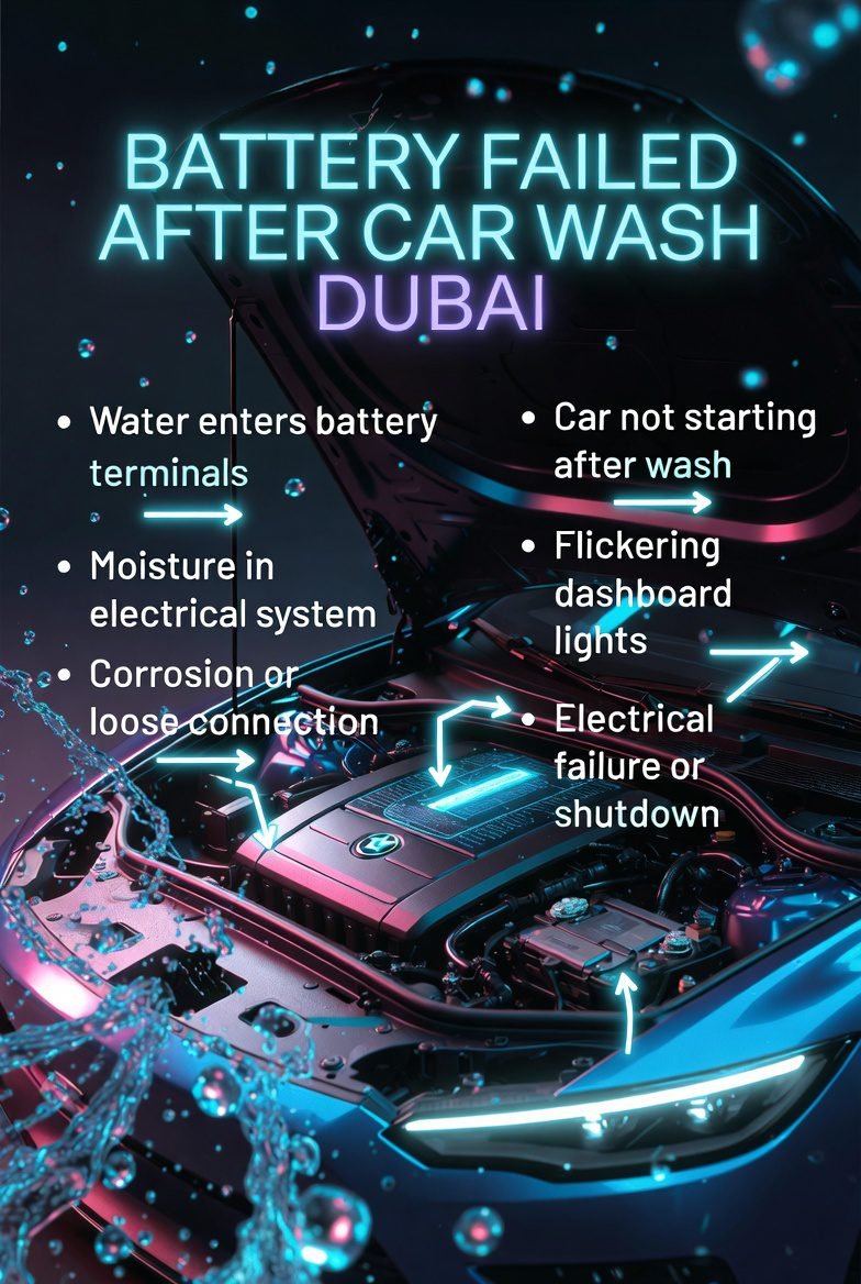Battery failed after car wash Dubai infographic showing water damage moisture and electrical issues affecting car battery