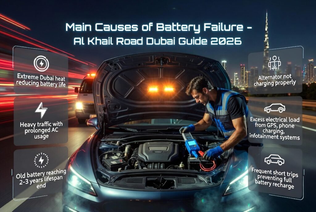 A cinematic roadside assistance scene on Al Khail Road Dubai showing a mechanic diagnosing car battery failure with futuristic panels displaying main causes of battery issues.
