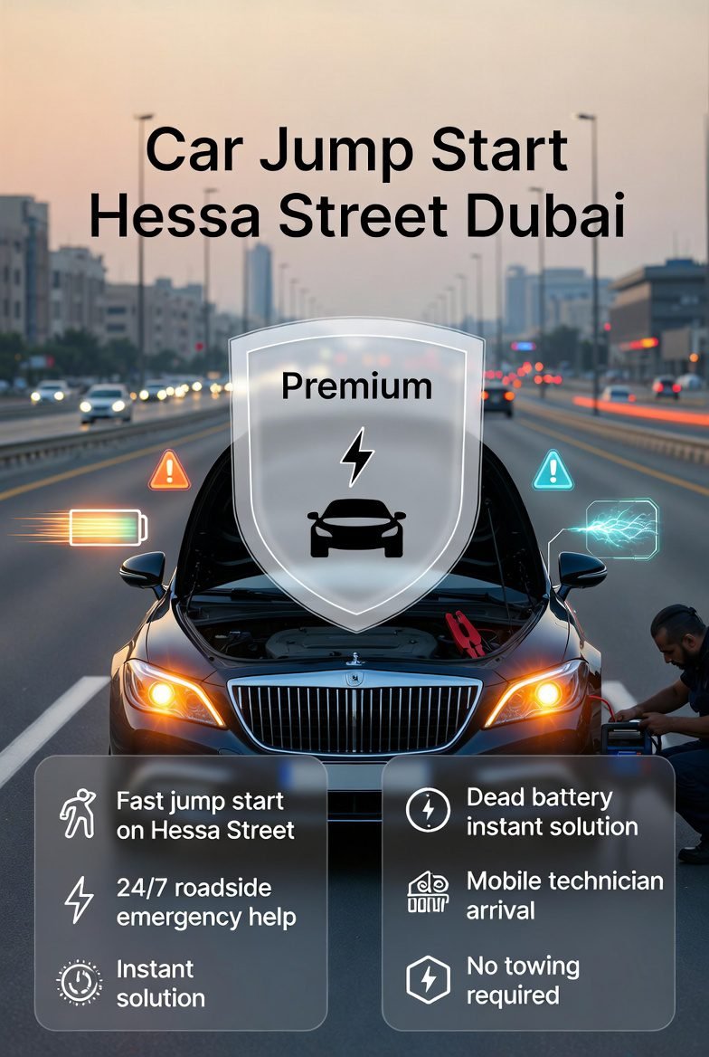car jump start Hessa Street Dubai showing emergency roadside battery service with technician helping dead battery on urban road