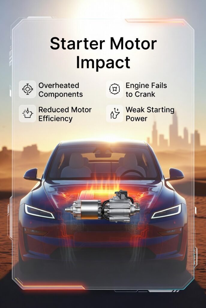 Car starter motor affected by extreme heat causing reduced efficiency and engine crank failure