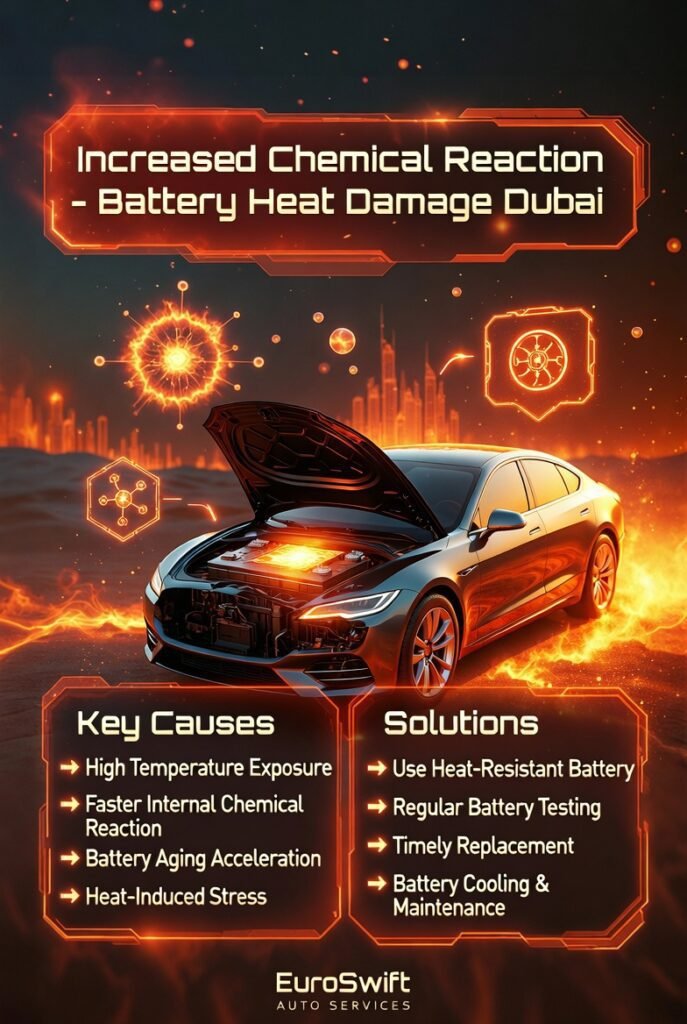 Increased chemical reaction in car battery infographic showing a luxury car with glowing battery reactions and heat effects with causes and solutions listed on both sides.
