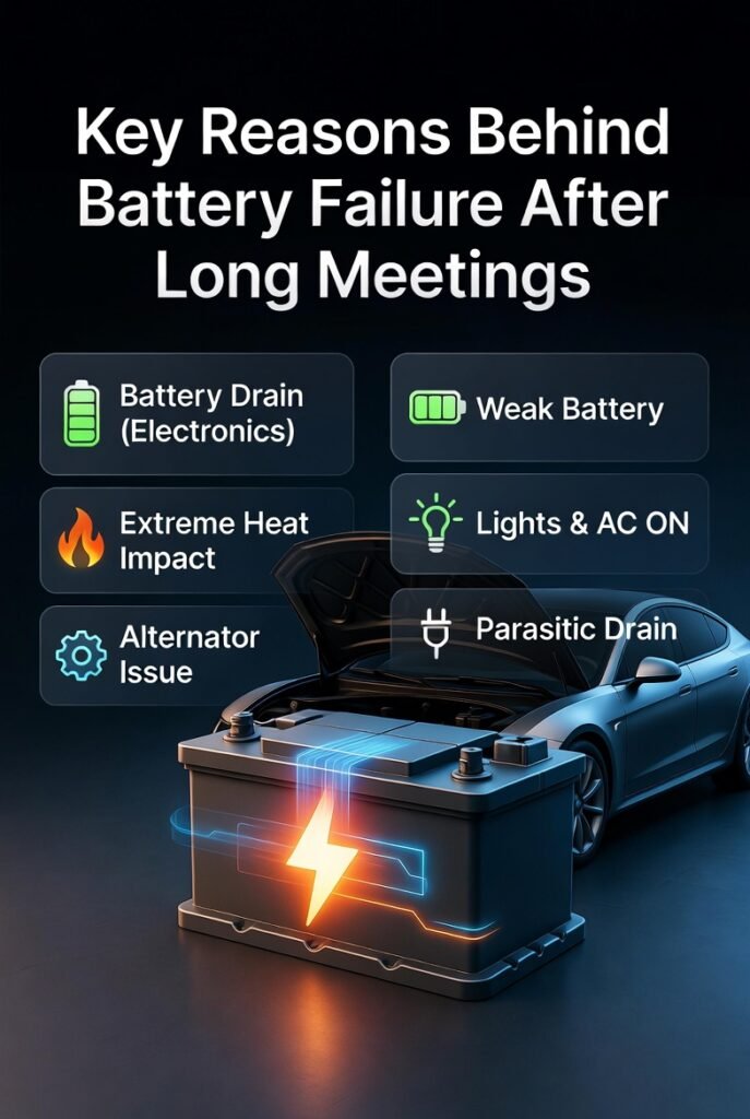 Infographic showing key reasons for car battery failure after long meetings, including heat, electrical drain, and weak battery, displayed around a central car battery image.