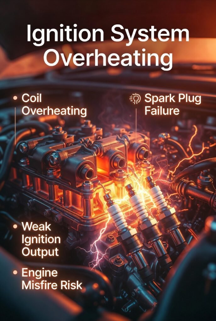 Ignition coils and spark plugs overheating with sparks, showing title “Ignition System Overheating” and side points explaining ignition failure and misfire risk.
