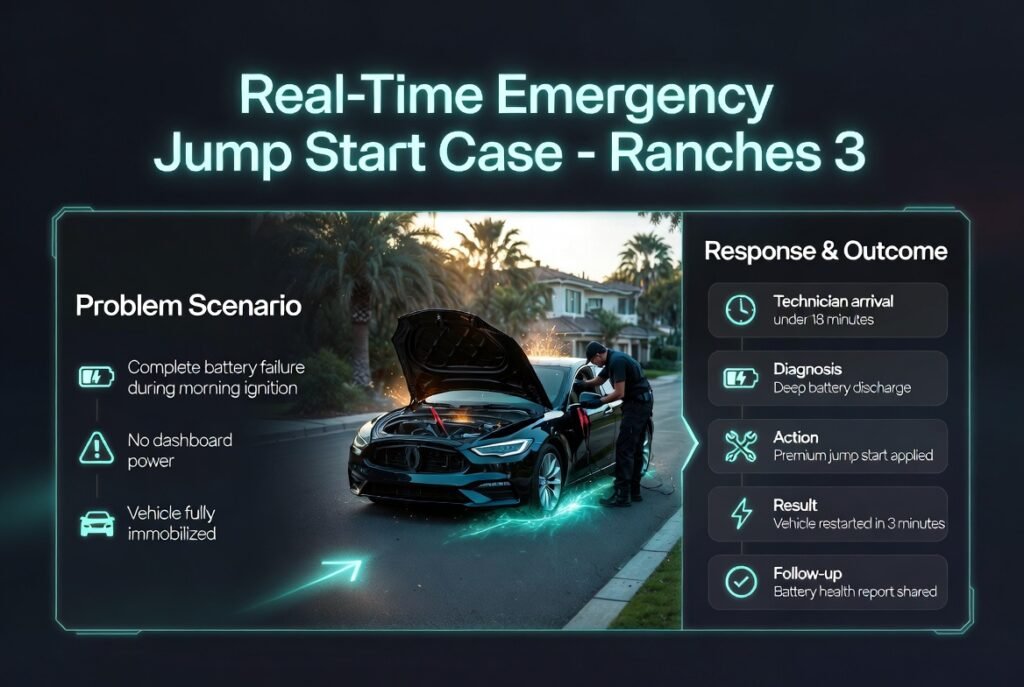 Case study infographic showing emergency jump start response in Ranches 3 with battery failure, technician arrival, diagnosis, repair action, and successful vehicle restart.