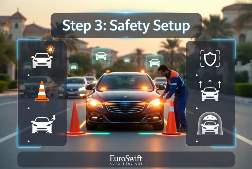 Technician setting up roadside safety with hazard lights and cones around a vehicle during emergency assistance in Damac Hills.