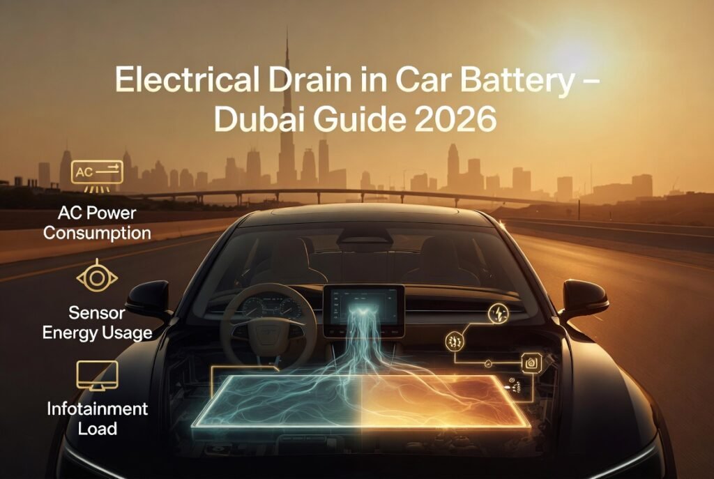 Car electrical drain issue in Dubai showing AC sensors and infotainment consuming battery power