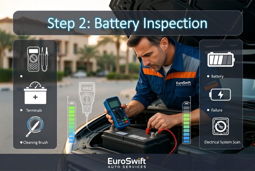 Technician performing car battery inspection using a digital tester to check voltage and battery condition during roadside assistance.