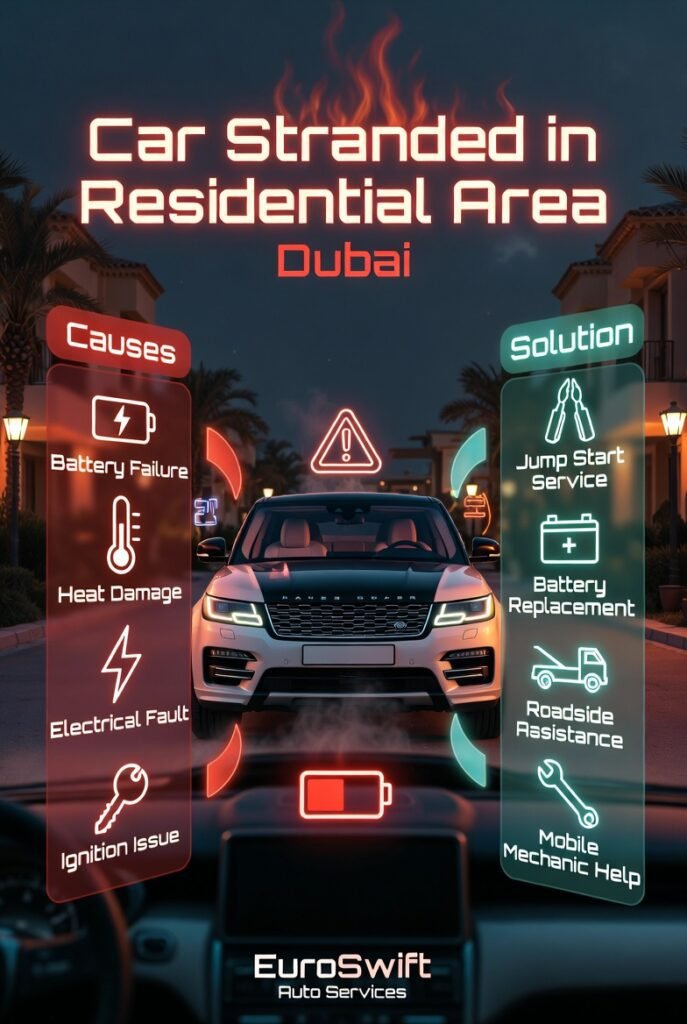 Luxury car stranded in a residential area in Dubai with warning lights and causes and solutions displayed in a modern infographic style.