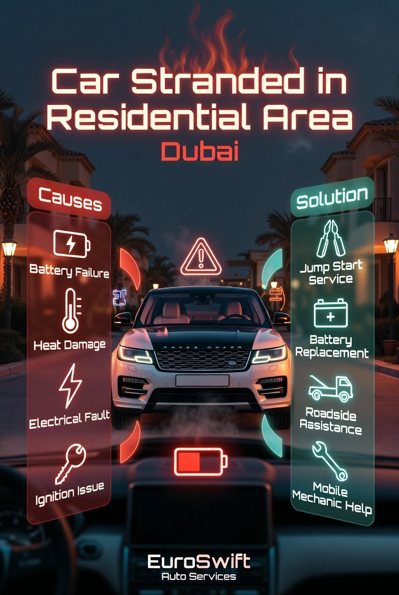 Luxury car stranded in a residential area in Dubai with warning lights and causes and solutions displayed in a modern infographic style.