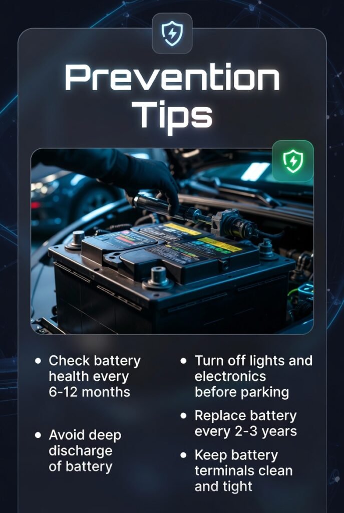 Infographic showing car battery prevention tips to maintain battery health and avoid failure