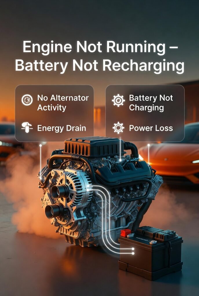 Car engine turned off with alternator not charging the battery, showing title “Engine Not Running – Battery Not Recharging” and side points explaining battery discharge.