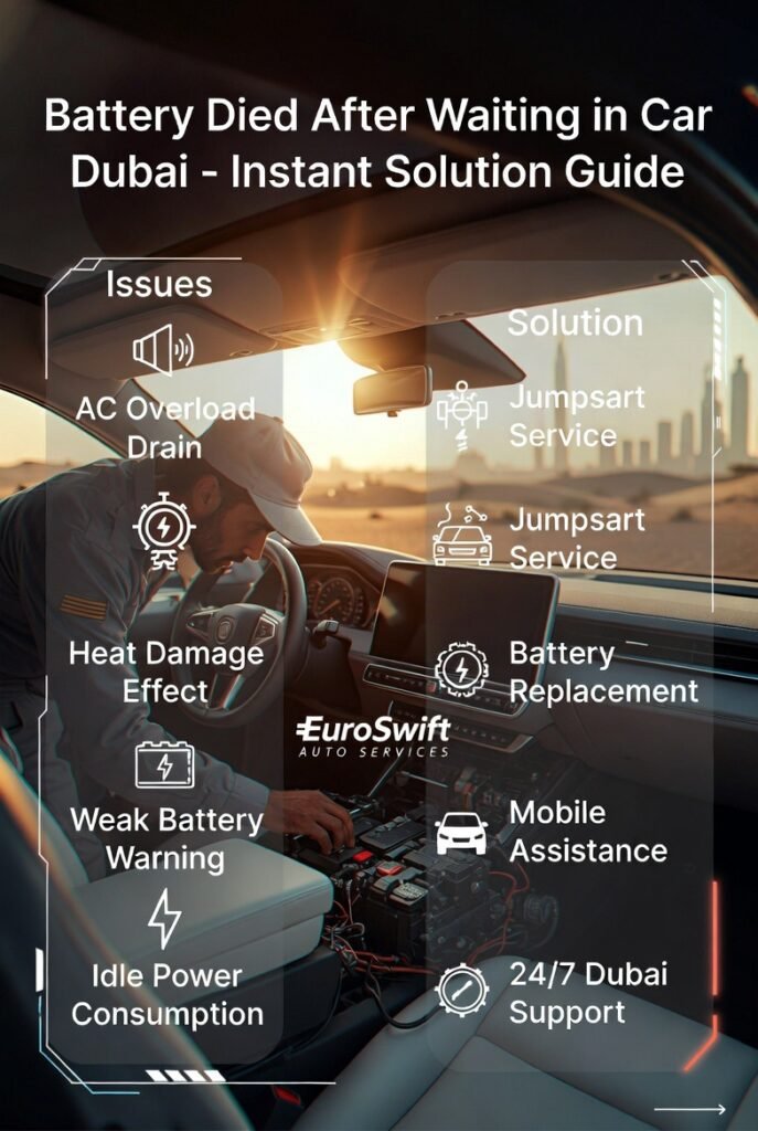 Car battery failure while waiting in car in Dubai heat showing jumpstart and roadside assistance service concept.