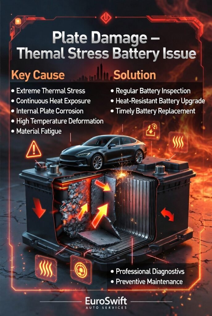 Battery plate damage infographic showing corroded and warped internal battery plates due to thermal stress with causes and solutions listed on both sides.