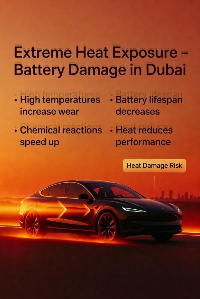 Car battery affected by extreme heat exposure with visible heat waves in Dubai