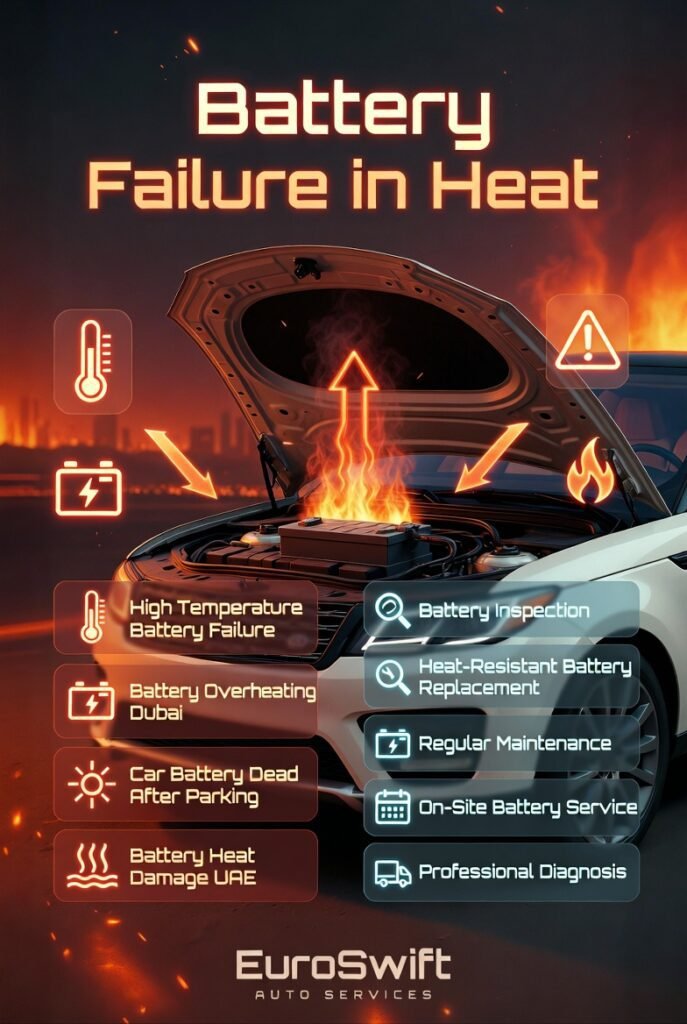 Car battery overheating in extreme heat with visible heat waves and damage in a luxury vehicle, shown in a modern infographic style.