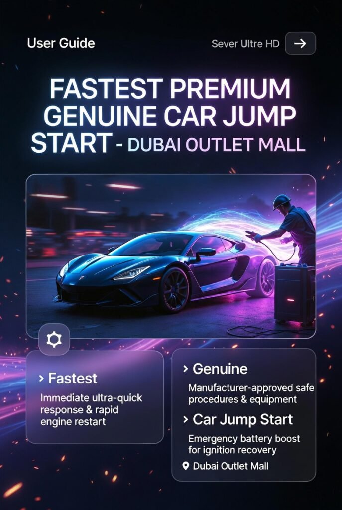 Futuristic user guide infographic showing premium car jump start service in Dubai Outlet Mall with central automotive visual and structured key points on both sides.