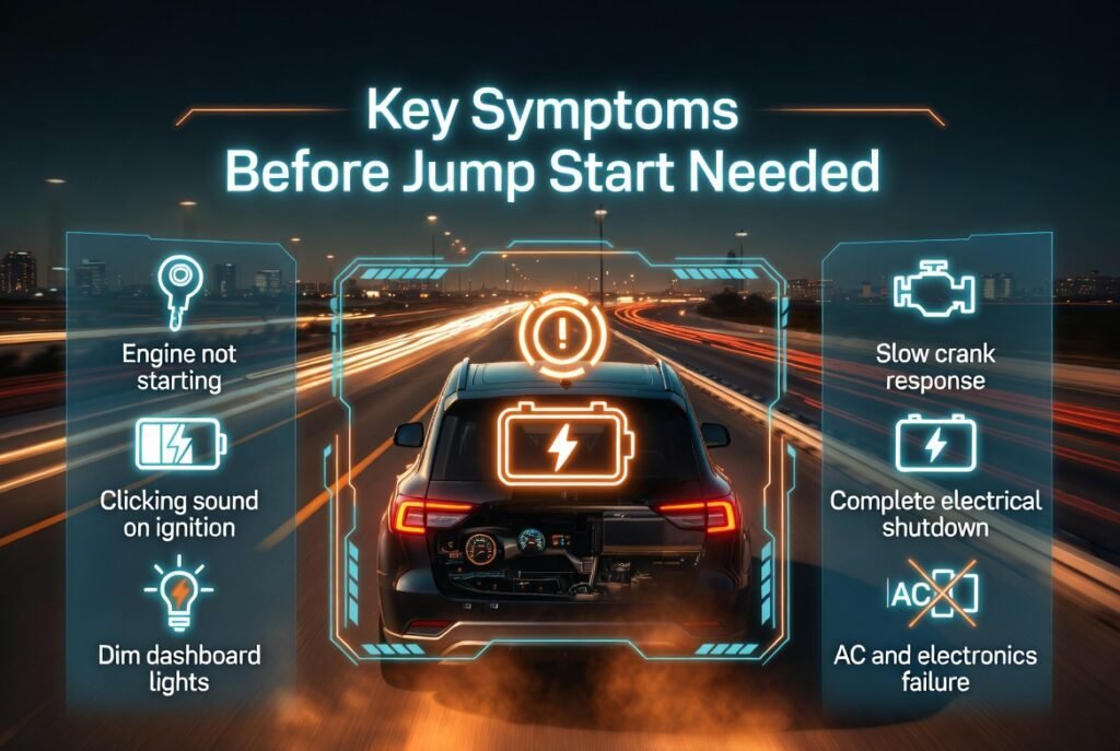 Car battery failure symptoms infographic showing engine start issues, clicking sound, dim lights, and electrical shutdown.